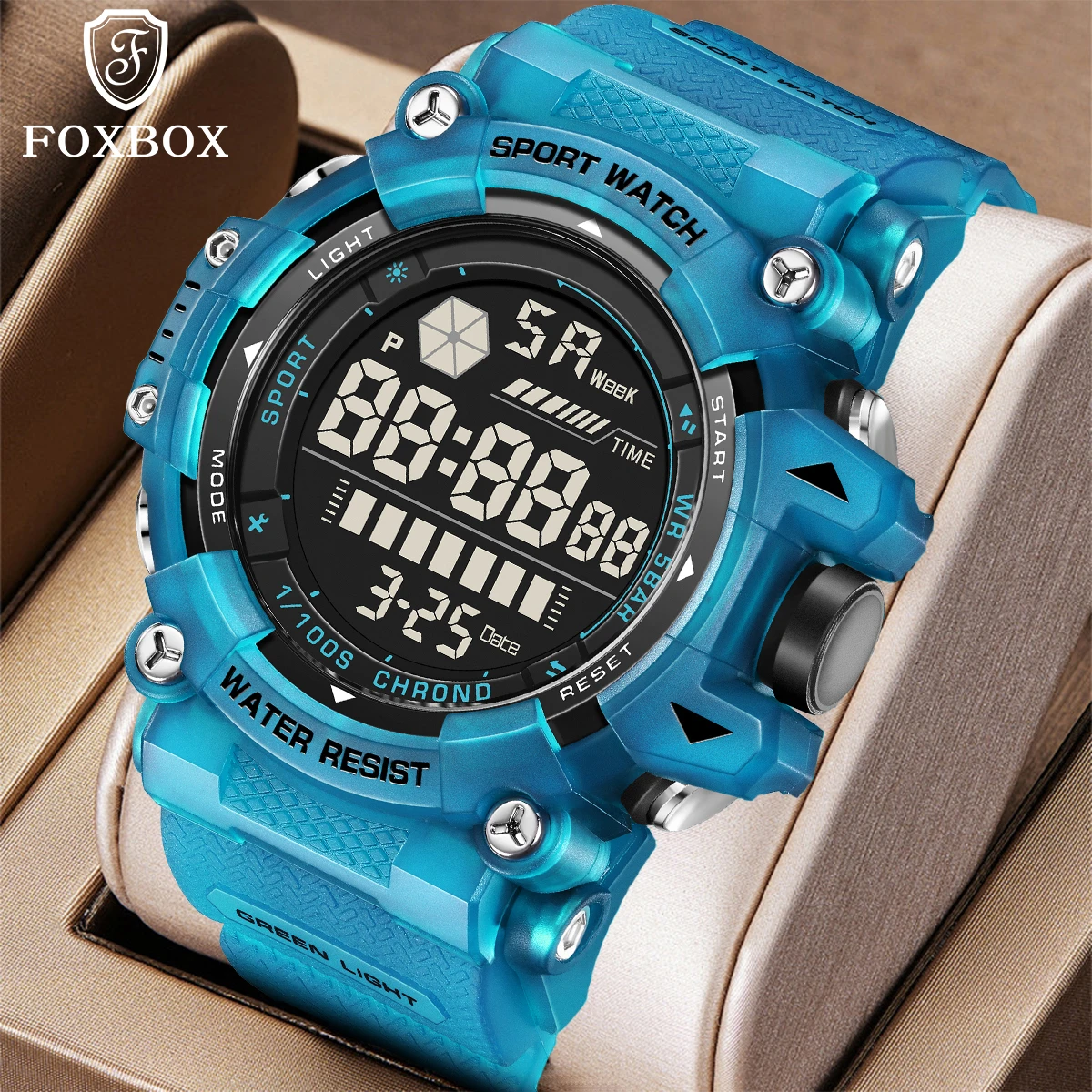 FOXBOX Sport Electronic Man Watch Dual Display Casual Outdoor Fashion Waterproof Alarm Week Military Digital Watches for Men+Box