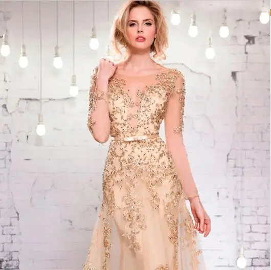 Exquisitos vestidos de novia dorados para mujer, ilusión de sirena, vestidos de novia de manga larga, Apliques de encaje, vestido de graduación, vestidos de noche