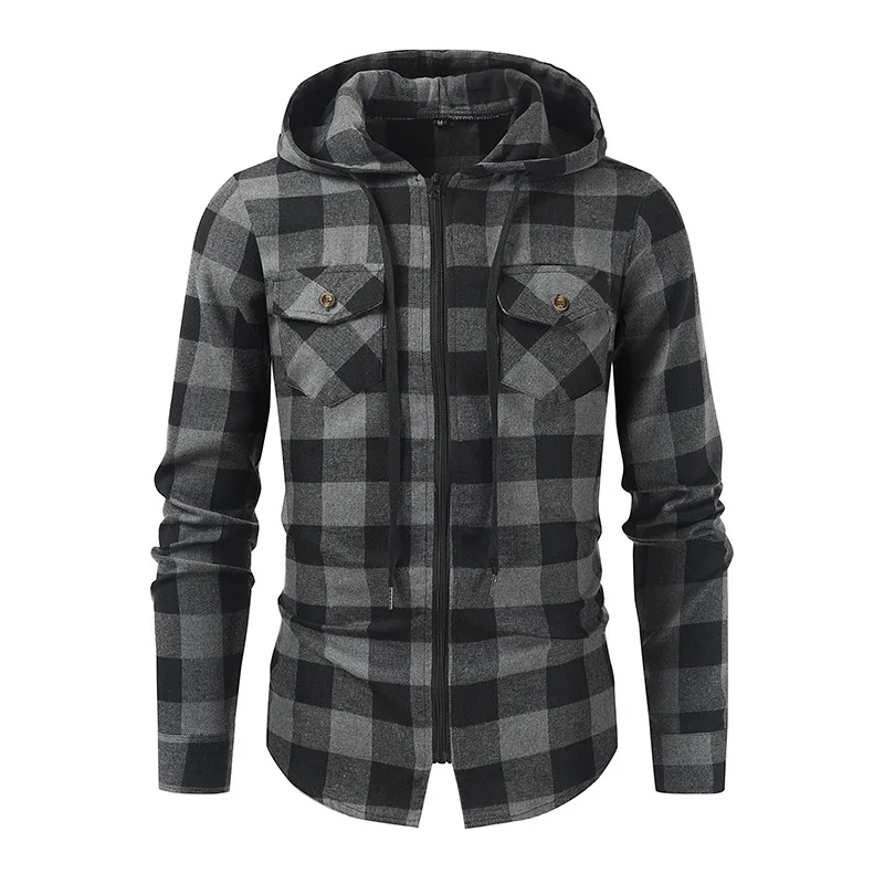 

Men's New Men's Checkered Hooded Shirt, Long Sleeved Casual Thin Jacket, Standing Hooded Shirt, European Size