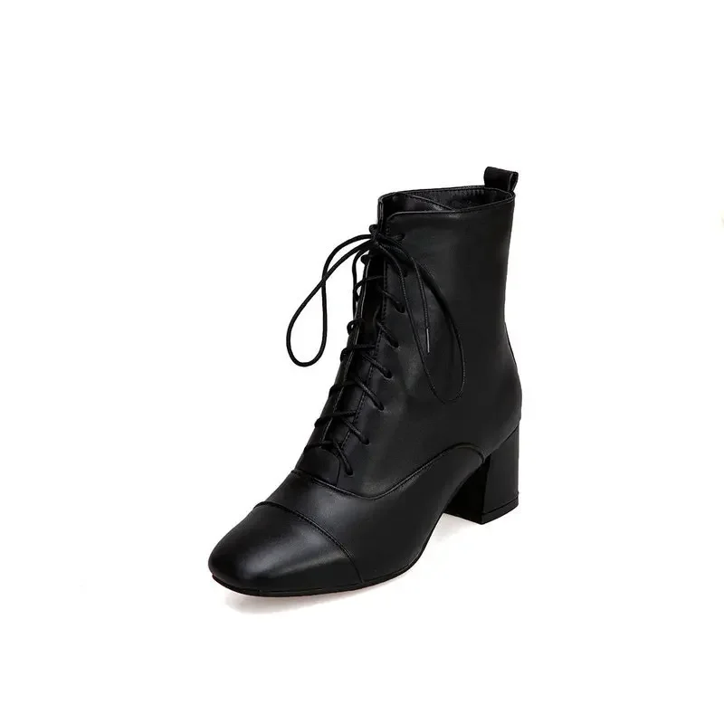 Autumn Winter New Ankle Boots Women Sewing PU 5.5CM Square Toe Lace Up Velvet Office Career Lady Concise Women Shoes Black