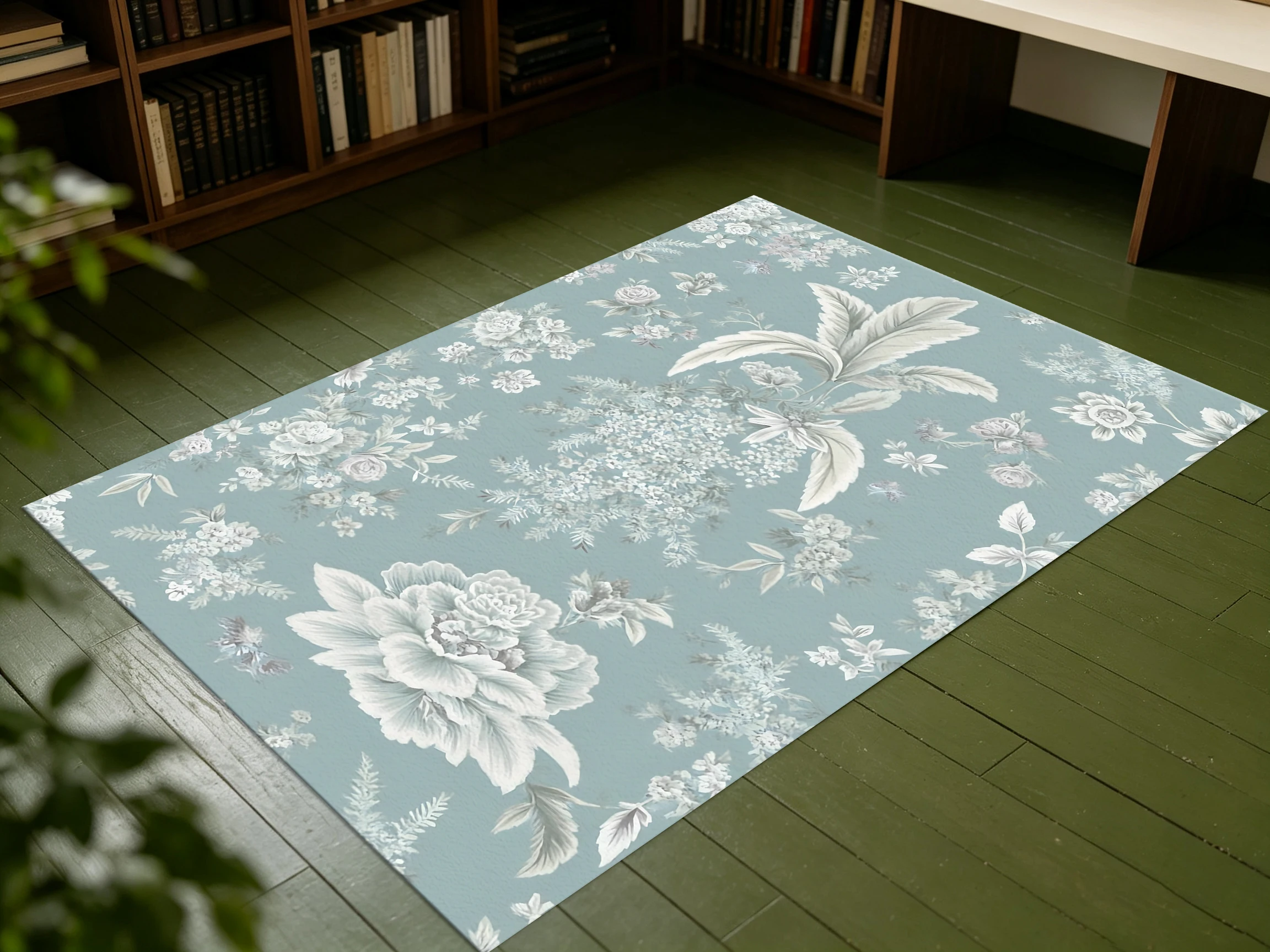 2D Large Carpet with Light Blue Background and Soft Floral Pattern, French Style, Perfect for Living Room and Bedroom Flooring, Instantly Refreshes Autumn and Winter Decor