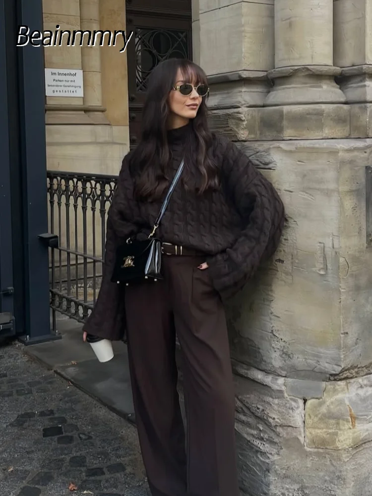 

Brown Knitted Pullover Women Loose Fit Long Sleeve Round Neck Sweaters Autumn Casual Streetwear Chic 2025 New Ladies Outerwears