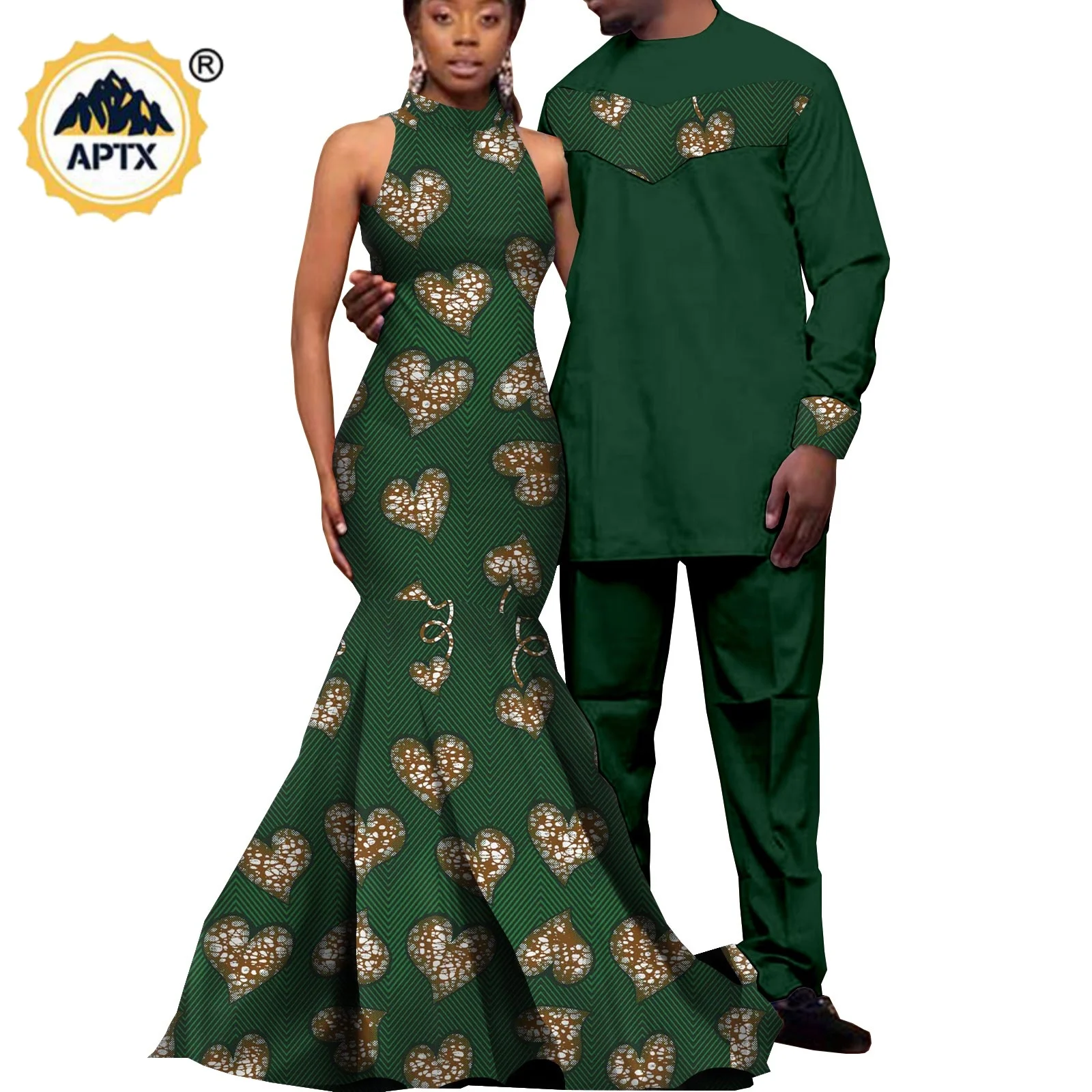 

African Print Long Dresses for Women Matching Outfits Men Top and Pants Sets Bazin African Couples Clothes Wedding Party Y22C003