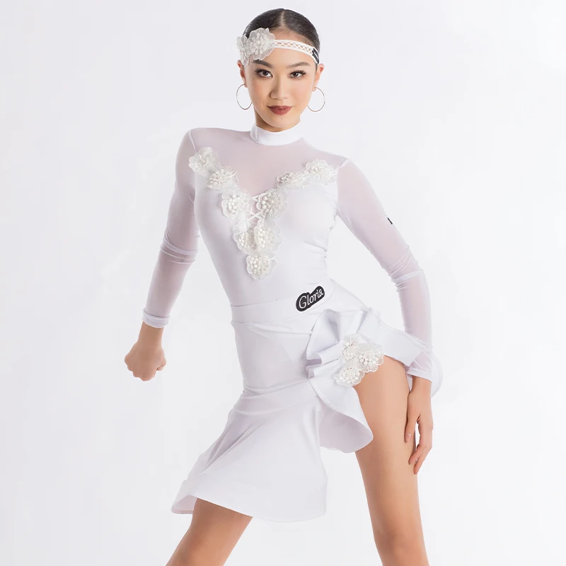 ชุดเต้นรำสไตล์ลาตินสำหรับผู้หญิงรุ่นใหม่ล่าสุดสำหรับฤดูร้อน โดดเด่นด้วยกระโปรงทรงก้างปลาแขนยาว ตกแต่งผ้าโปร่งสำหรับการฝึกซ้อมและการเต้น