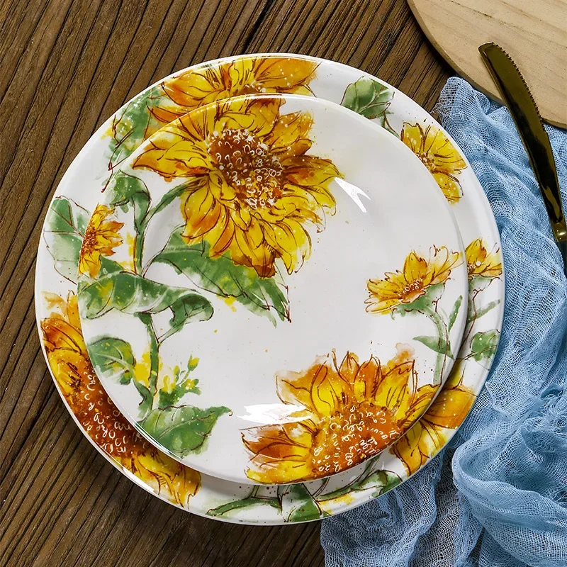 Creative American Ceramic Dinner Plate, Sunflower Art Floral Flat Dish for Home, Beef Dinner Dessert Plate，Premium Tableware