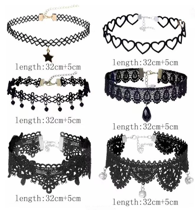 Gothic Lolita Black Lace Short Chain Choker Sexy Tassels Necklace Hollow out Big Rose Flower Punk Handmade Wedding Jewelry Gift