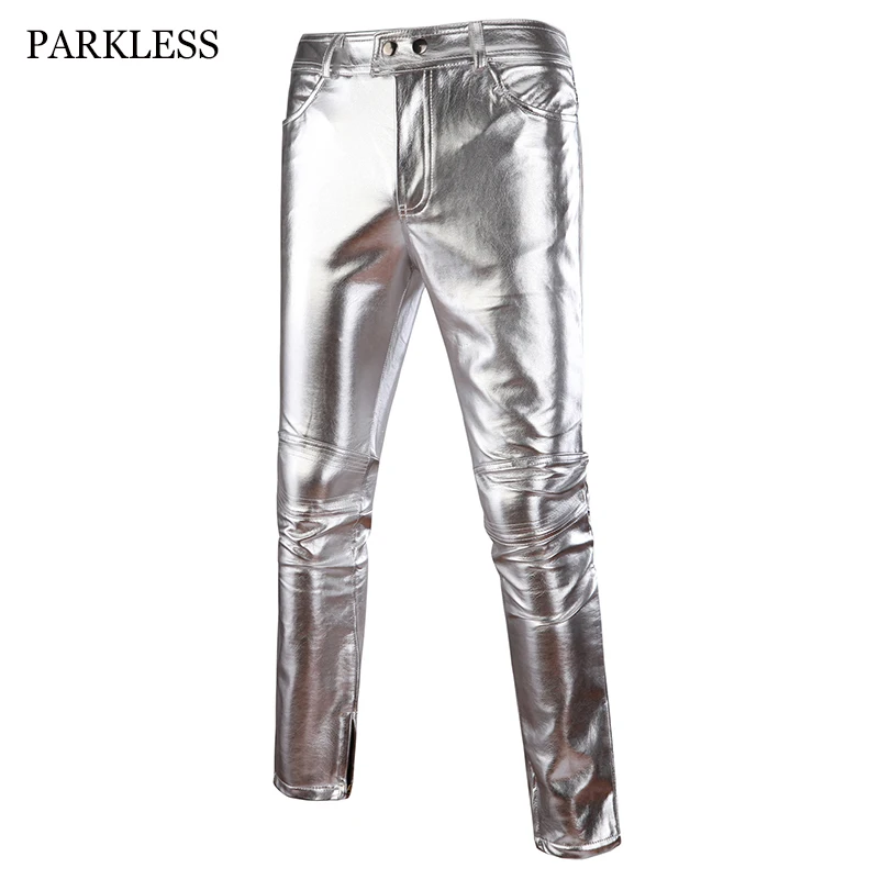 Pantalon slim en cuir PU brillant pour hommes, pantalon de scène pour chanteurs et séparés eurs, or, argent, noir, boîte de nuit, moto, marque