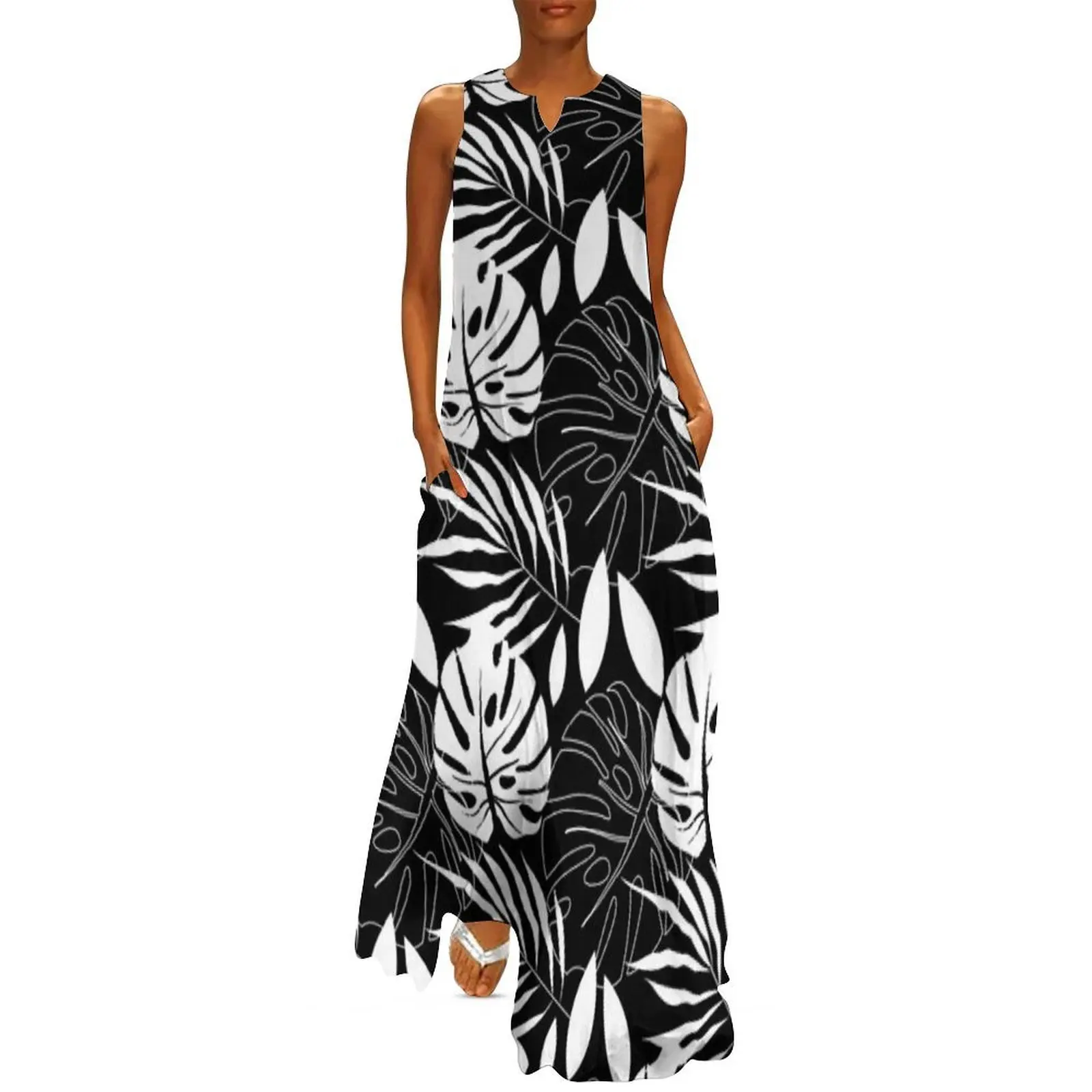 

Black and White Tropical Leaves Long Dress dresses with long sleeves wedding dresses for parties ladies dresses for women 2025