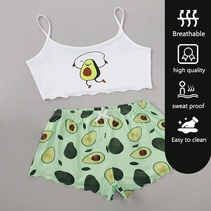 Summer Ladies Sexy Camisole Top Shorts Two Piece Avocado Printed Loungewear Sleeveless Tank Top Green Elastic Waist Women S M L