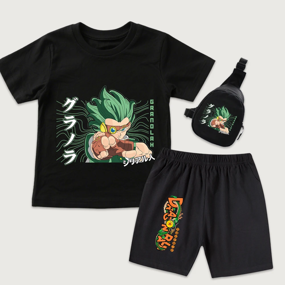 Dbz Granolah Anime Print Kids Cotton T Shirt and Shorts Set with Mini Chest Bag 3 Pieces Casual Summer Outfit for Boys Girls
