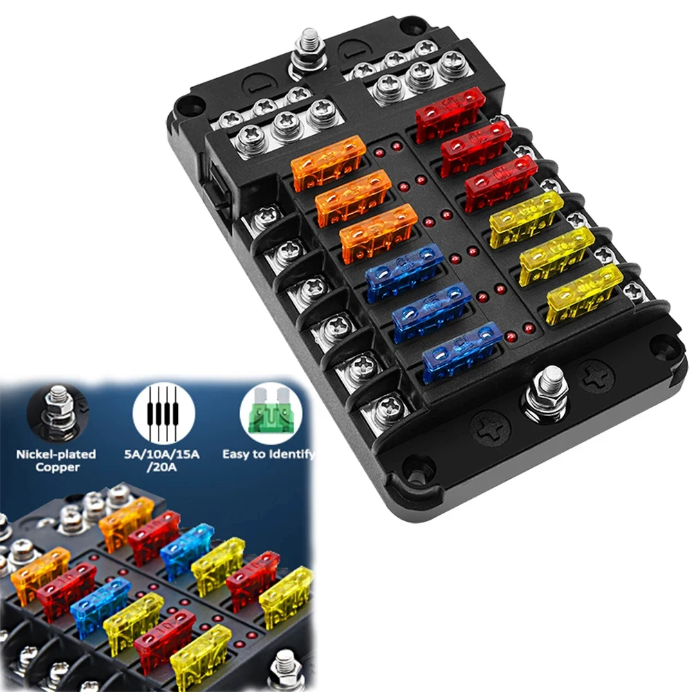 Fusibile a lama a 6/12 vie 12-24V Portafusibili per barca per auto con coperchio in plastica per fusibile per camper con pannello di alimentazione