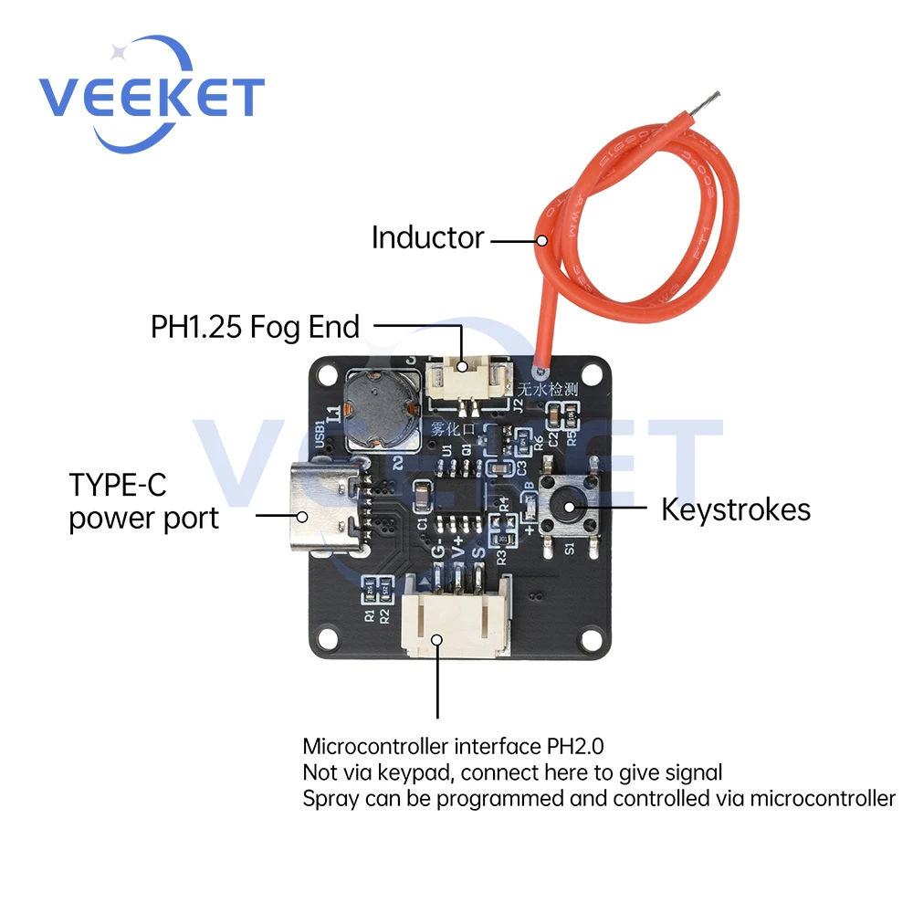 وحدة رذاذ بالموجات فوق الصوتية تيار مستمر 5 فولت رذاذ واحد من النوع C مع كشف مضاد للحرق الجاف اللامائي للترطيب