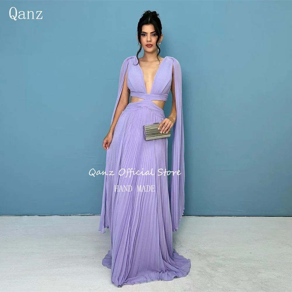 

Qanz Lavender Chiffon Evening Dresses Deep V Neck Long A Line Prom Dresses Cape Sleevs Backless Vestidos De Festa Customized