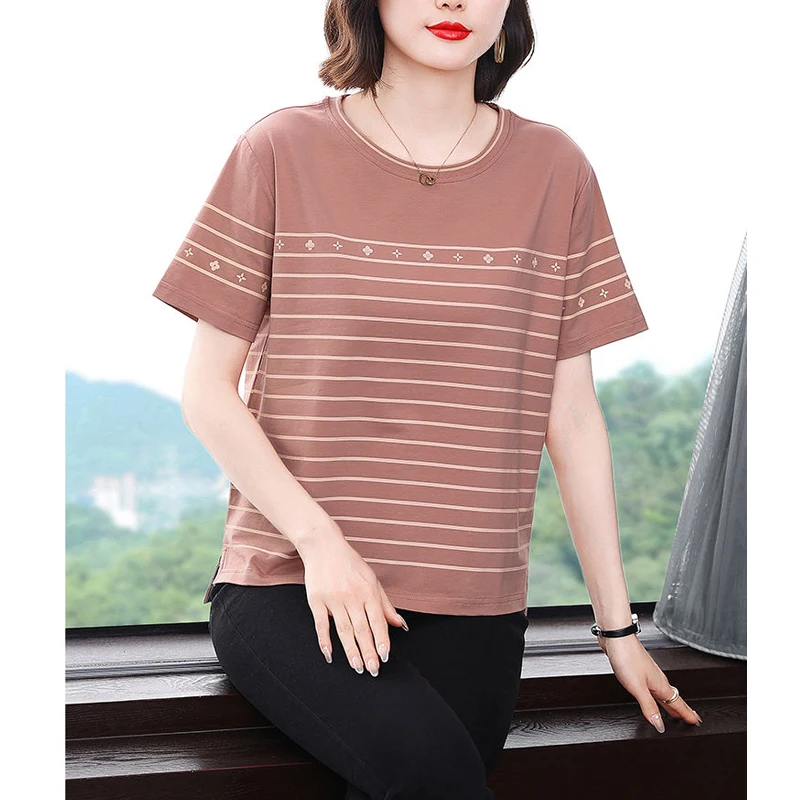 Women\'s Fashion Simple Striped Print Short Sleeve Basic T-shirts 2024 New Summer Casual O Neck Loose Pullover Tops Ropa De Mujer