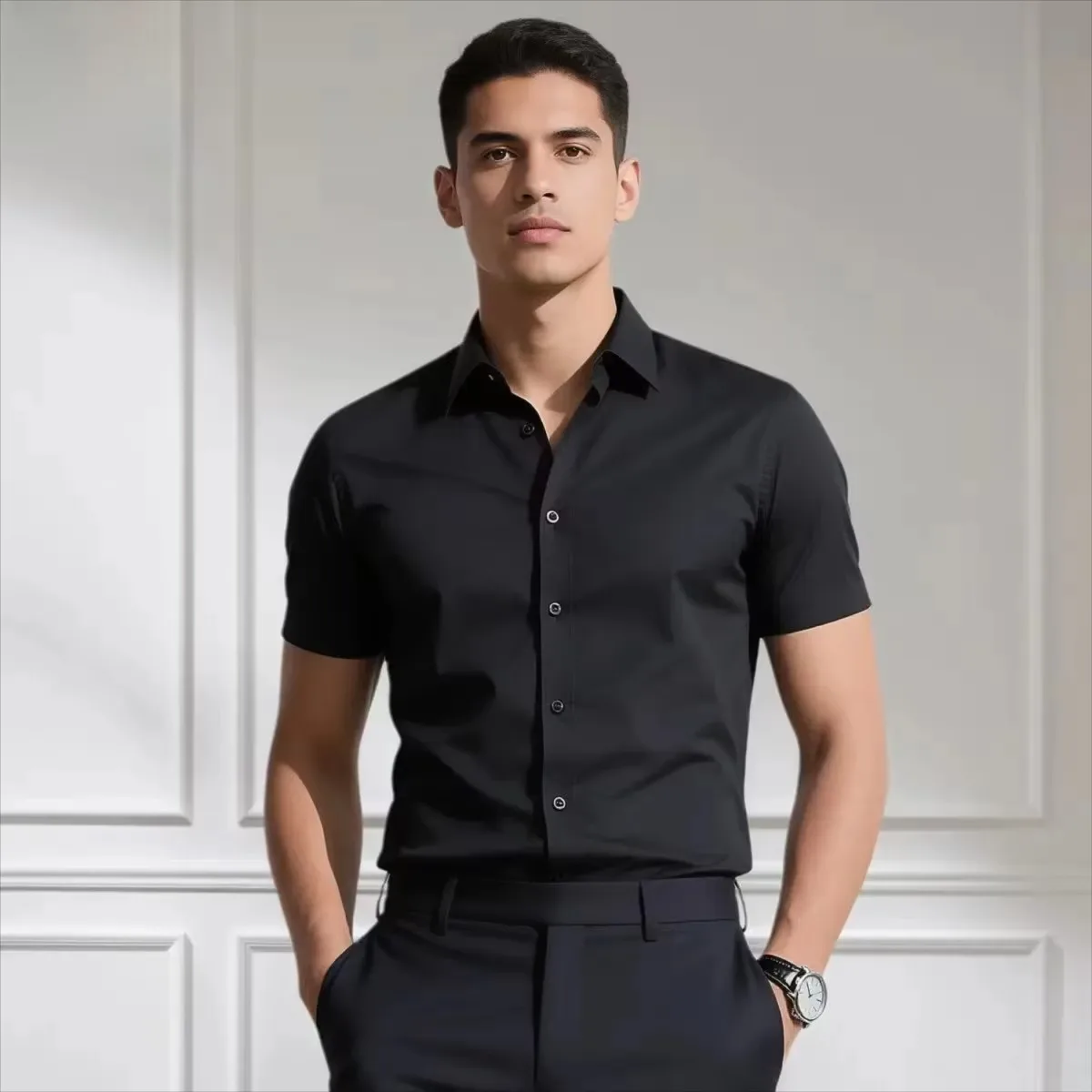 Neues Herren-Businesshemd Lässiges Einfarbiges Kurzarmhemd Sommer Dünn Glatt Vierwege-Elastizität Pflegeleicht Schwarz Slim Fit Weiße Kleidung