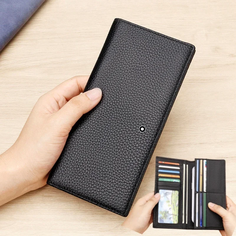 

High End Business Sle Men's Long Genuine Leather Wallet Multi-Card Position Top Layer Cowhide Card Holder Pure Color Bla