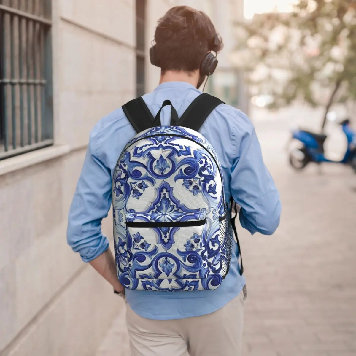 Blue Ornate Floral Mediterranean Sicilian Tile Backpack BookBag Children School Bag Laptop Shoulder Bags for Men Women