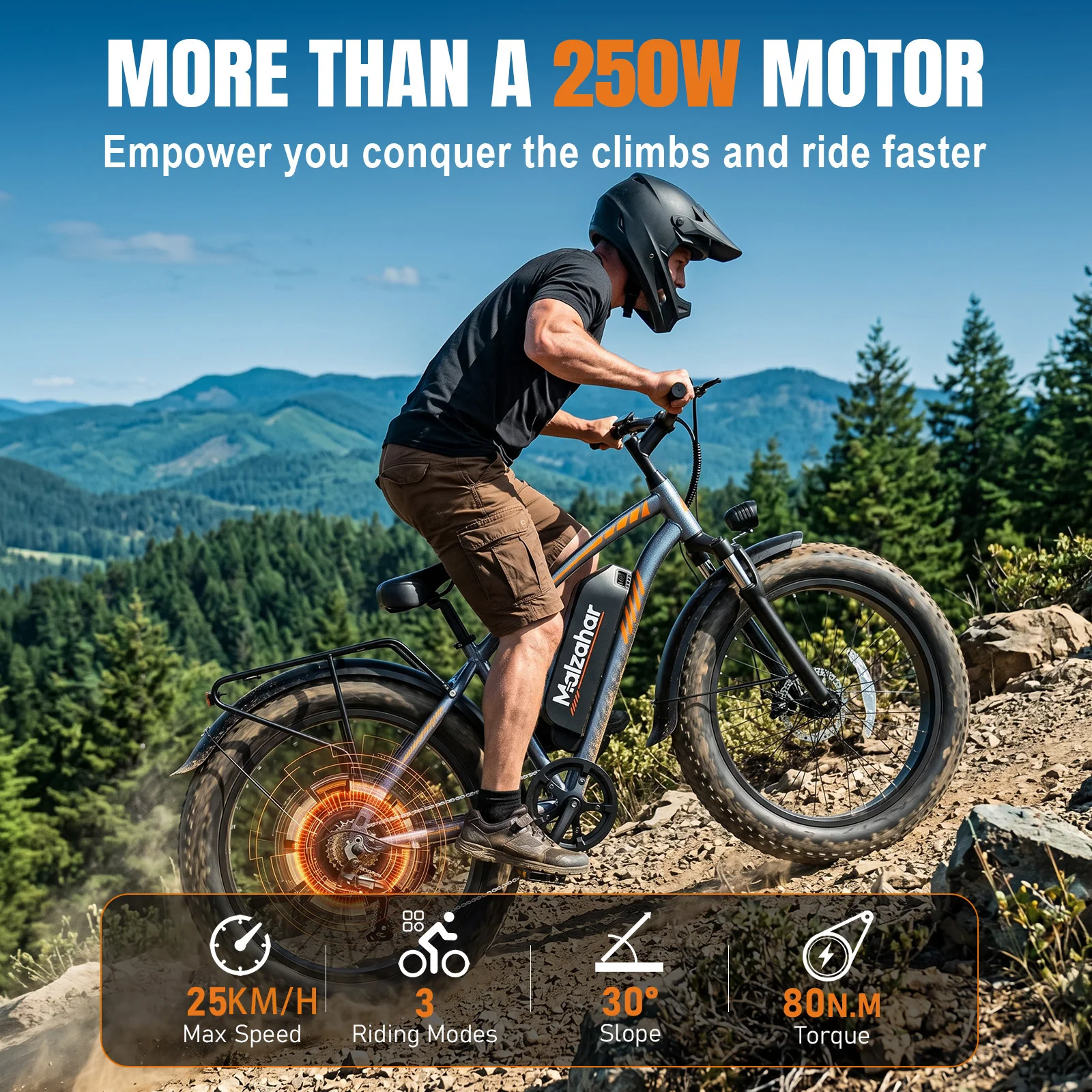 Bicicleta Eléctrica Malzahar F01 48V 23.4Ah para Adultos, Neumáticos Gruesos de 26*4 Pulgadas, 7 Velocidades, Asistencia Eléctrica, Alcance de 60-80 km, Motor de 250W, Batería de Litio Extraíble, Frenos de Disco, Todoterreno, Nieve, Arena, Playa, Carretera, Bicicleta Eléctrica para Desplazamientos con Asiento Trasero