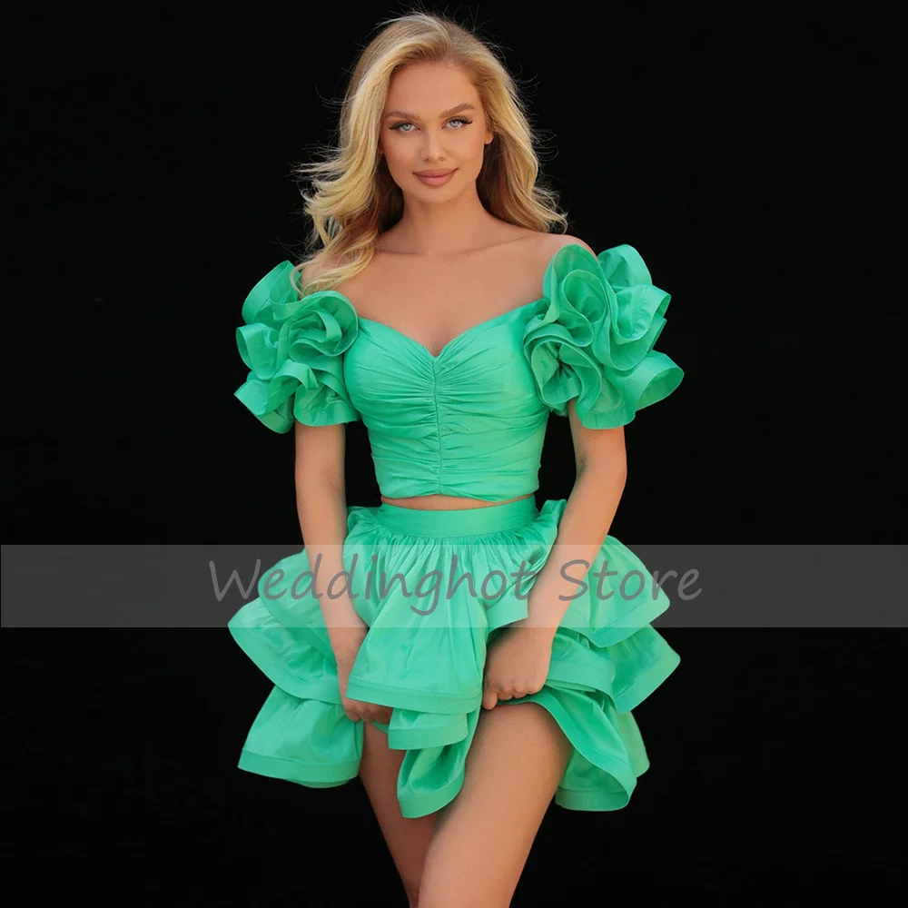 Green Cocktail Dress 2023 Puff Sleeves Sweetheart Mini  Gown for Women 2 Pieces Crop Top Ruffle Ball  Party Dresses