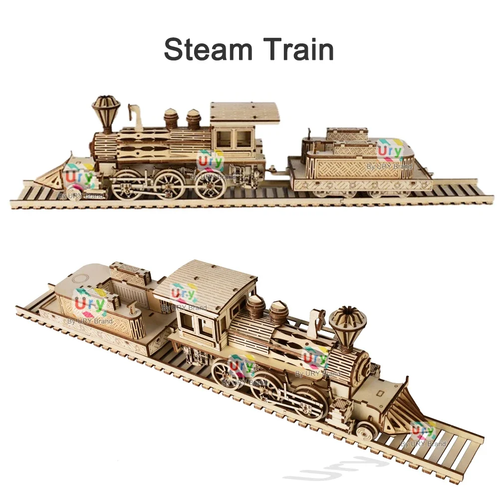 Ury 3D Wooden Puzzle Retro Steam Train with Track Railway Bridge Handmade Assembly Truck Model DIY Toys Decoration Gift for Kids