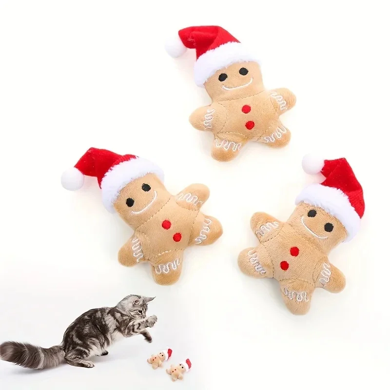 2pcs Pet Cute Christmas Gingerbread Man Design Cat Teaser Plush Toy, Interactive Toy For Cat Indoor Supply