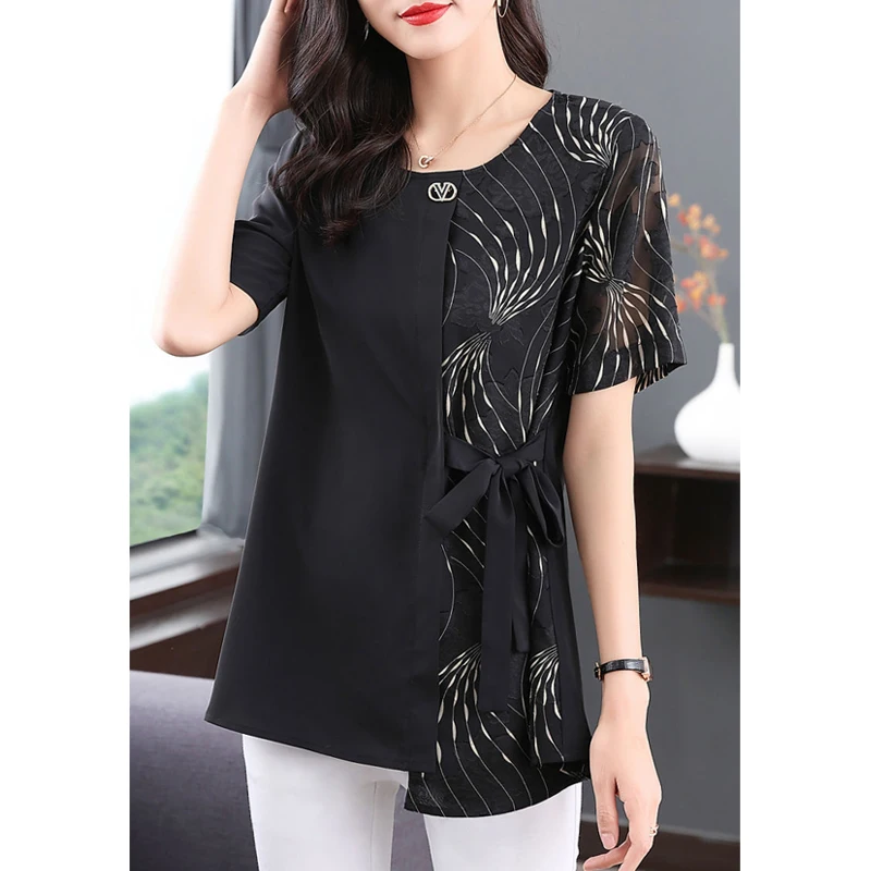 Elegant Lace Up Print Patchwork Irregular Tunic Tops for Women 2023 Summer New Fashion Commute Short Sleeve Loose Shirts Blouses