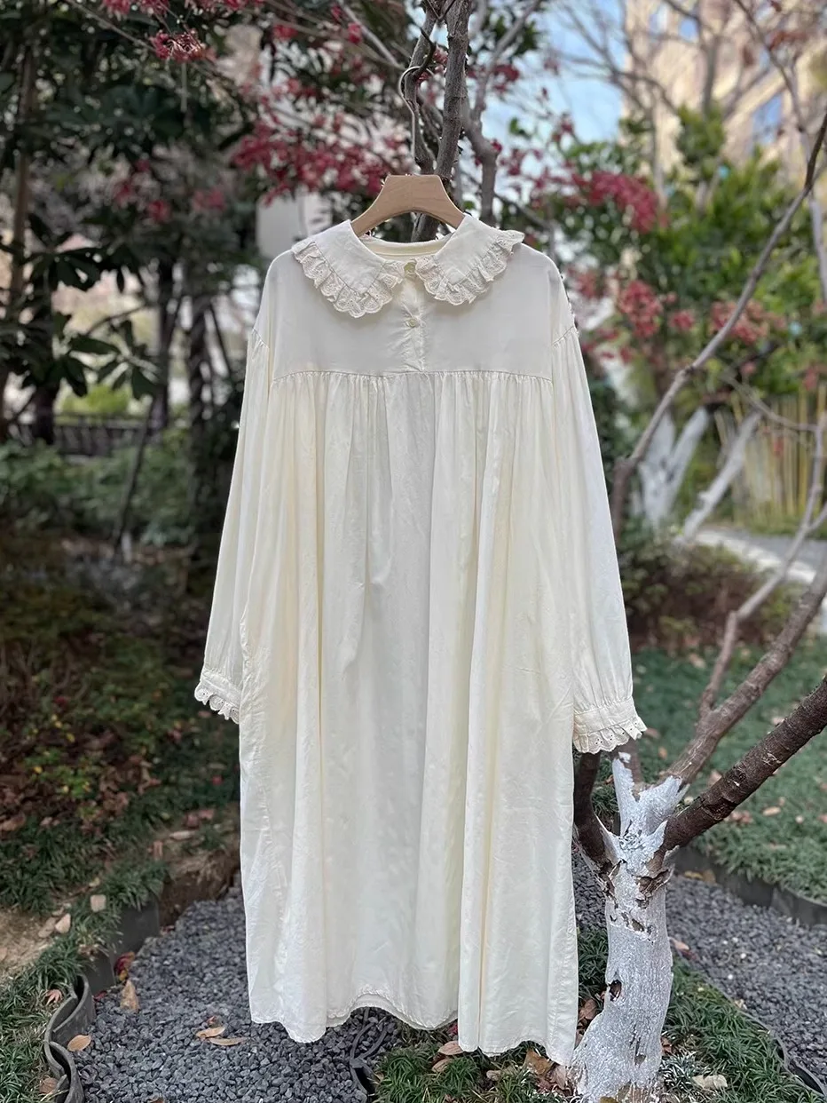 Saia Longa de Algodão Princ Sle, Solta e Oversized, Estilo A-Line, Camada Fina e Transparente, Gola de Boneca, Vestuário Casual