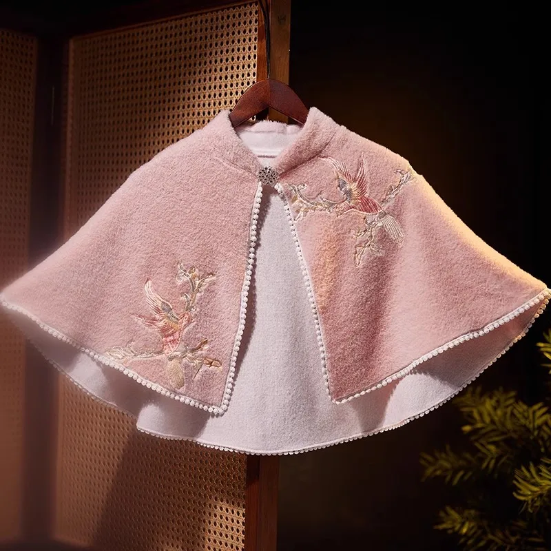 Women's Autumn Winter Vintage Thicken Warm Embroidery Pashmina Female Thermal Pink Shawl Cloak R2616