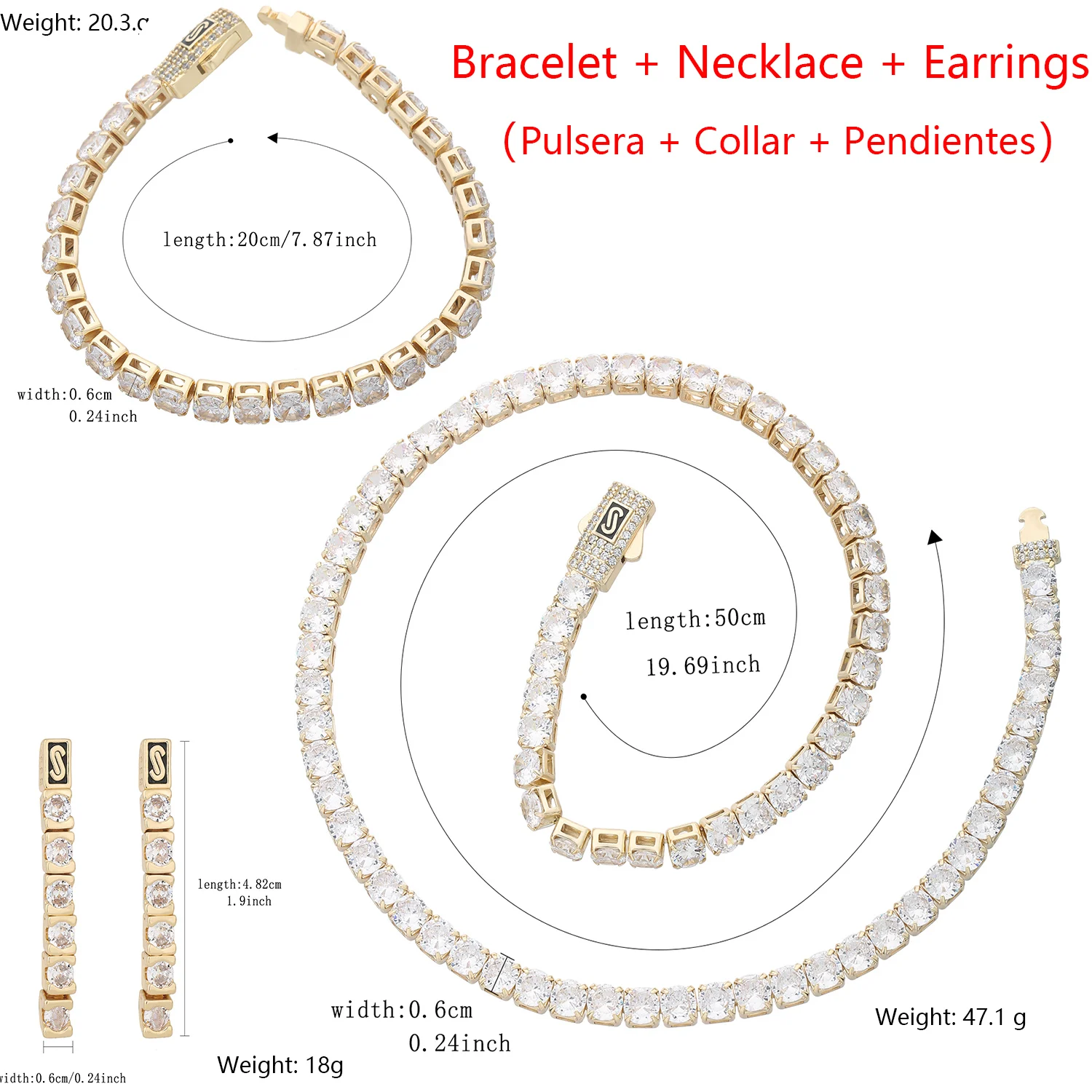 Women's three-piece gold-plated jewelry set – set with all cubic zirconia crystals, including a 7-inch bracelet, a 17.5-inch nec