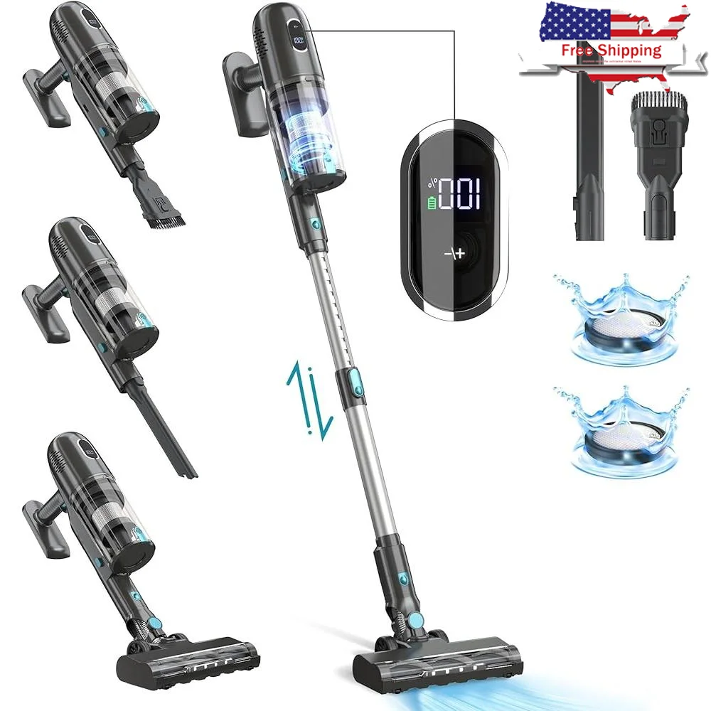 Cordless Vacuum Cleaner 38KPa Suction Brushless Motor LED Display 45 Min Runtime Self-Standing Lightweight HEPA Filter 6-in-1