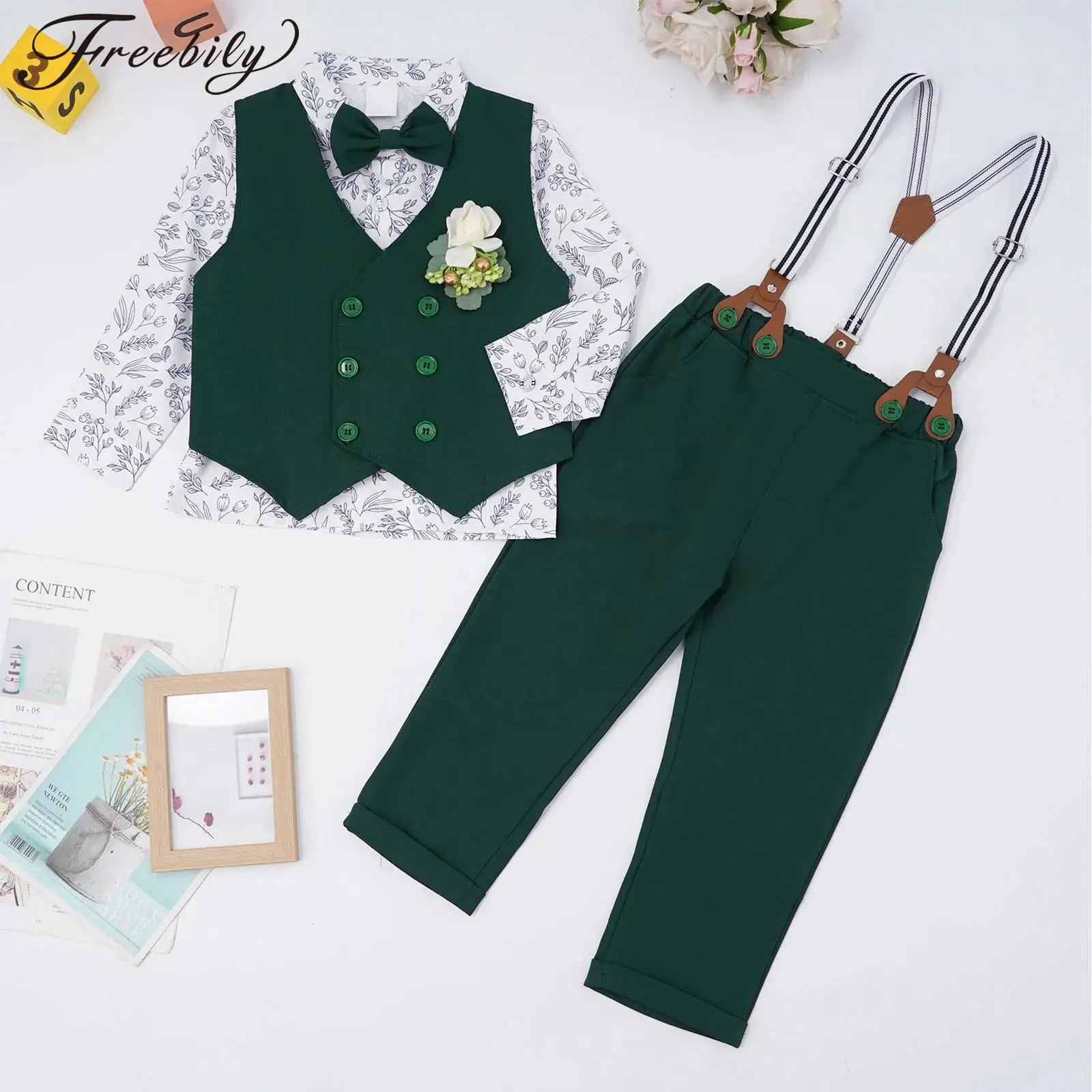 

Toddler Baby Boys Clothes Gentleman Suit Formal Shirt with Vest Suspender Pants Bowtie Boutonniere Birthday Wedding Party Outfit