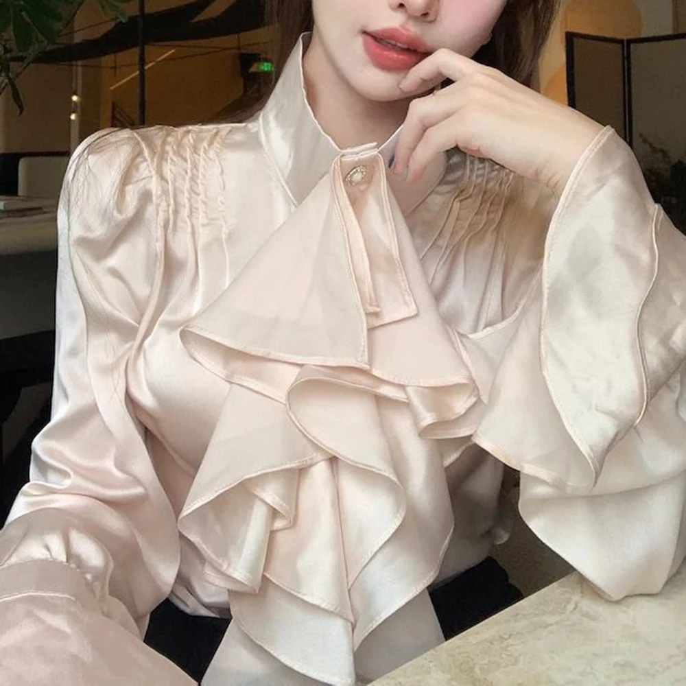 

2025 французская атласная рубашка с длинными рукавами, женская весенне-осенне-зимняя шикарная красивая рубашка, темпераментный топ с рюшами знаменитостей