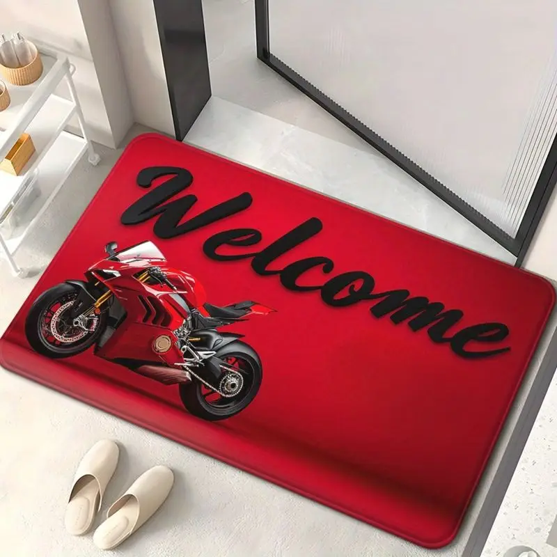 VIKAMA Cool Red Motorcycle Bathroom Mat, Super Water Absorbent Non-Slip Entryway Mat, Decorative Bedroom Rug for Home Decor