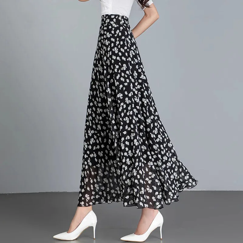 New Women Print Chiffon Skirt Ankle-Length Summer Fashion High Waist A-Line Loose Floral Skirt Elegant Casual Thin Long Skirt