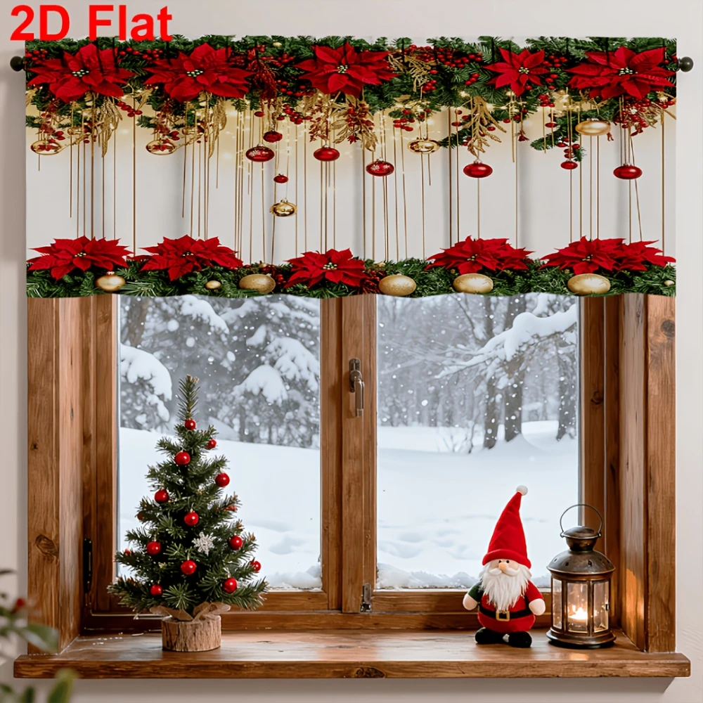 Valance and Short Curtains Set, Red Poinsettia Garland, Farmhouse Style, Christmas, Tier Curtains, Cozy Home Kitchen Decor