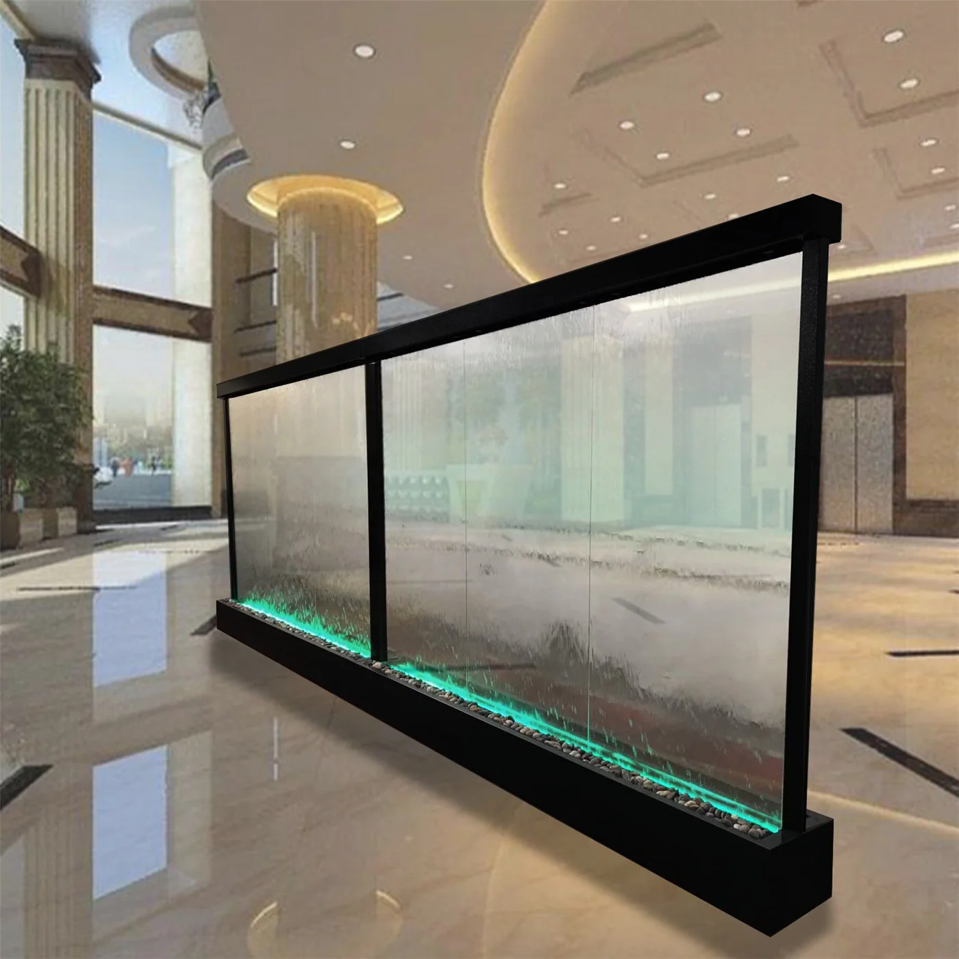

Glass Wall with LED Light Floor Standing Waterfall Fountain for Indoor and Outdoor Decoration