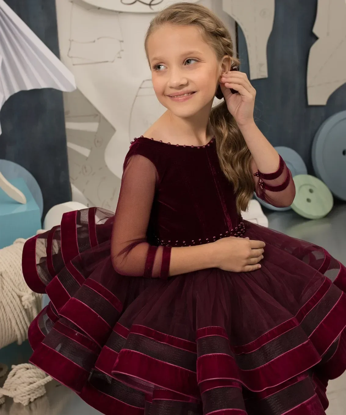 Vestido de flores Burdeos para niña, ropa elegante con volantes, mangas 3/4, lazo de tul, boda, fiesta de cumpleaños, desfile de niños, primera comunión