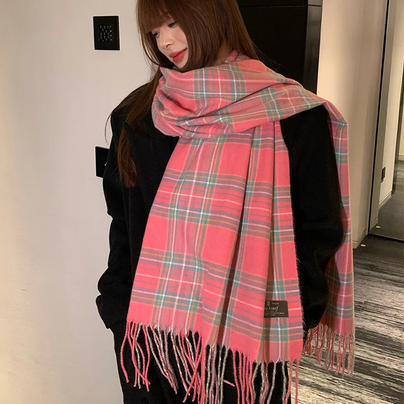 2023 Gentle Christmas Ins Style Pink Girl Tassel Scarf Female Winter Plaid Shawl Korean Version of The Scarfs Thickening