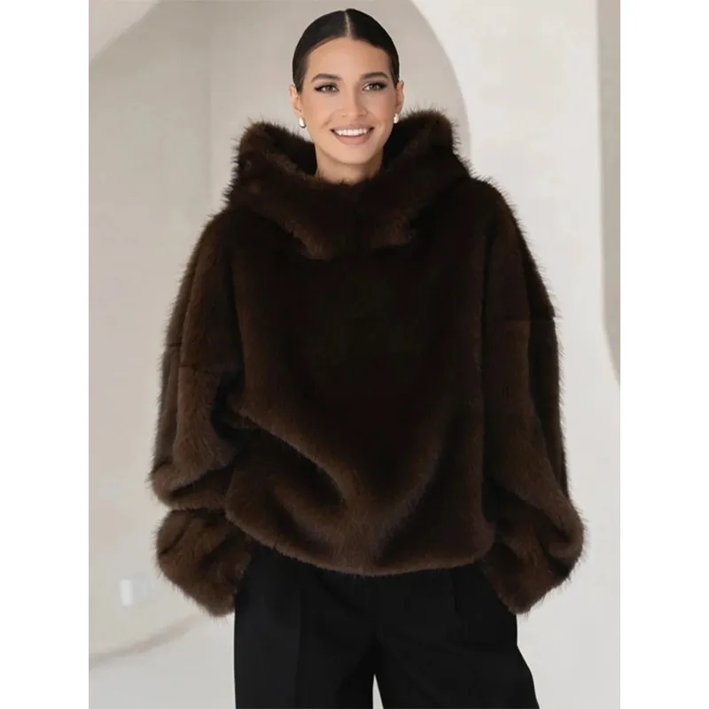 

2025 New Winter Jacket Knitwear Women 's Furs Sweaters Brown Hooded Full Sleeve Pullovers For Woman Thicken Warmer Tops Female