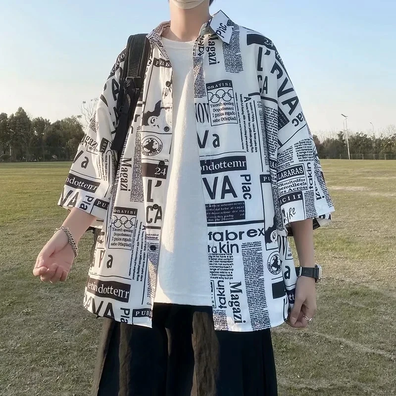Men's Floral Shirt Short Sleeve Thin Summer Fashion Newspaper Style Hong Kong Style Japanese Style Handsome Seven Sleeve Coat