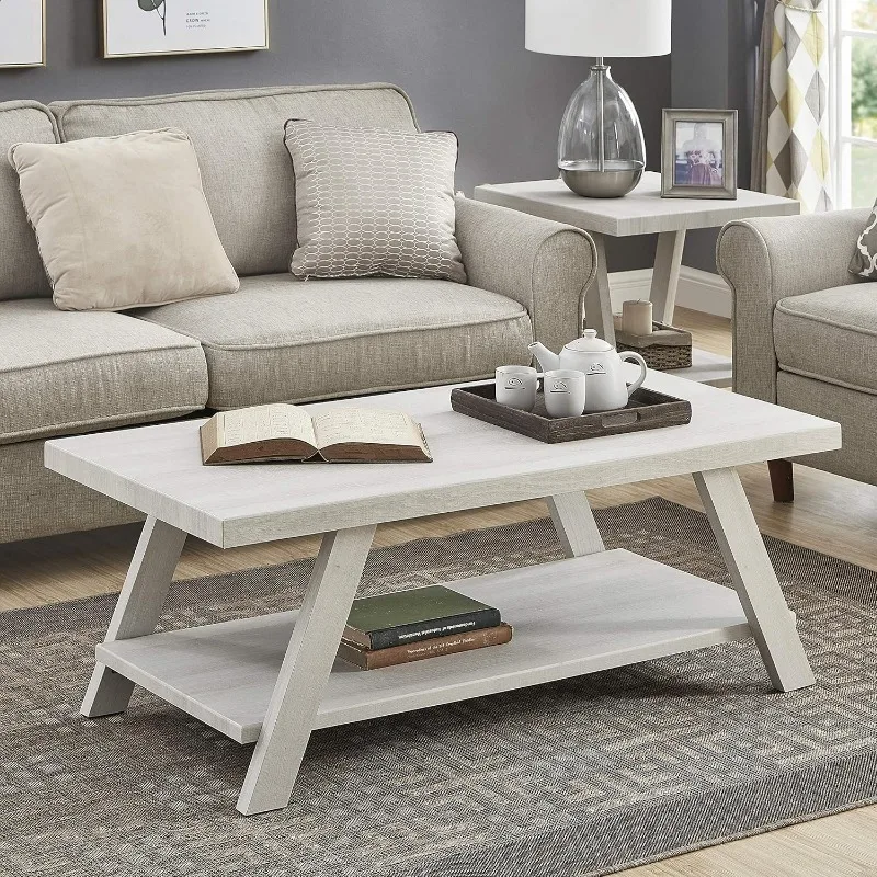 Athens Contemporary Wood Shelf Coffee Table, White