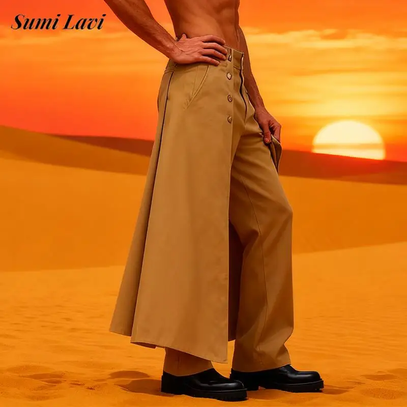 

Модные мужские брюки с высокой талией на пуговицах, весенне-осенние повседневные однотонные прямые брюки, мужские винтажные свободные брюки