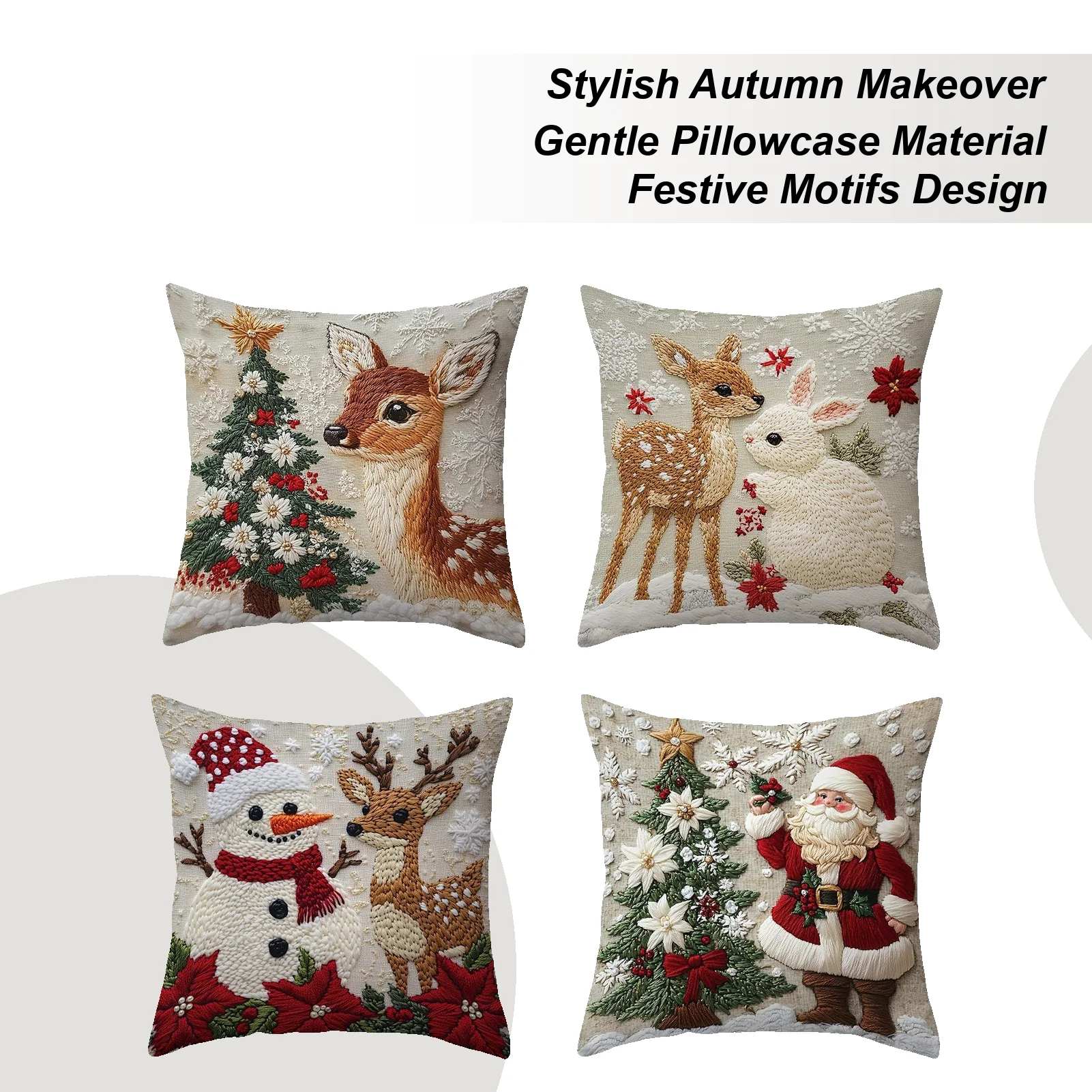 

4-piece Christmas Reindeer Pillow Covers 2D Flat Linen Washable Christmas Theme Pillowcase Snowman Pillow Cases For Living Room