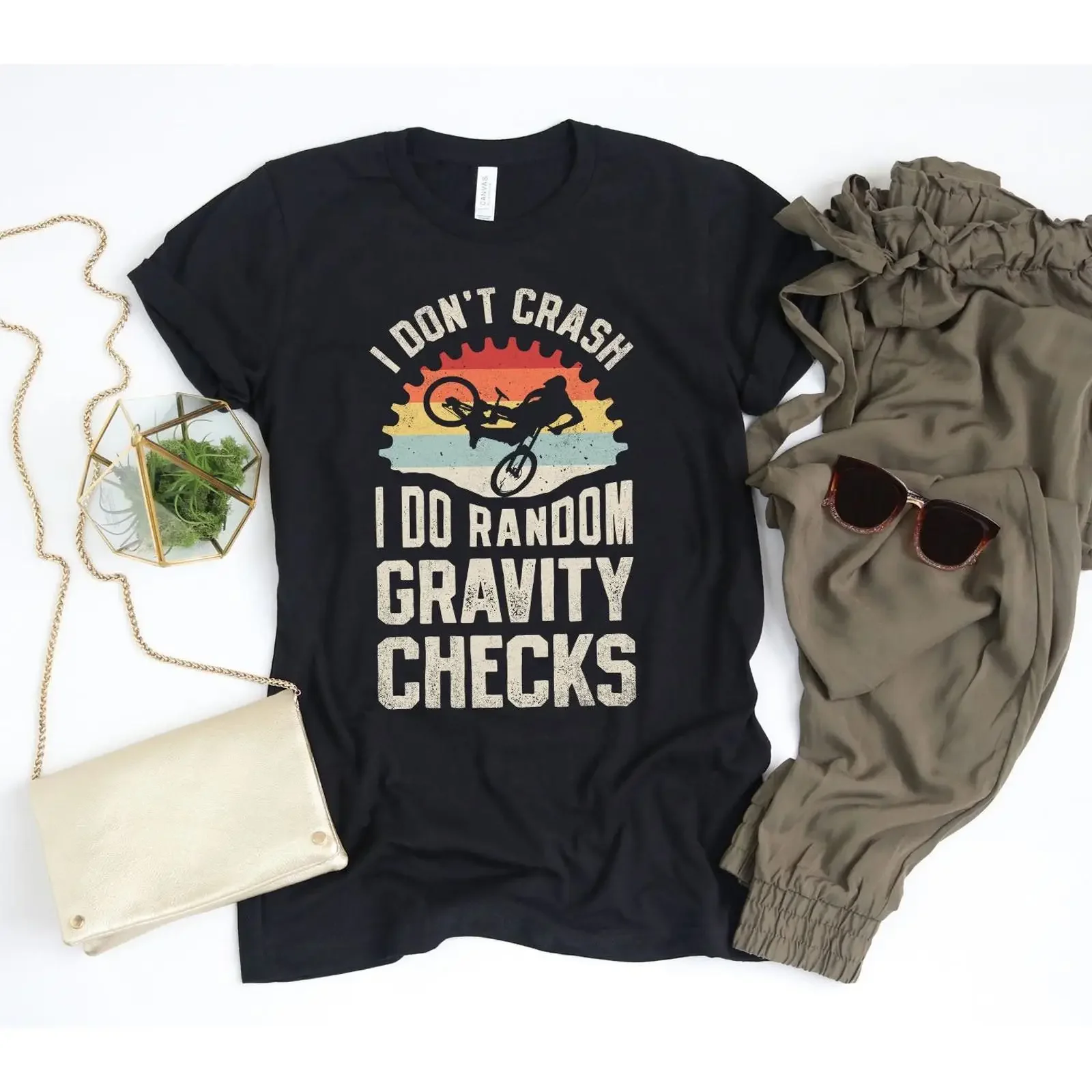 I Don't Crash Do Random Gravity Checks Mountain Biking T Shirt Funny Biker Cycling Lover Casual vintage Washed designer clothes