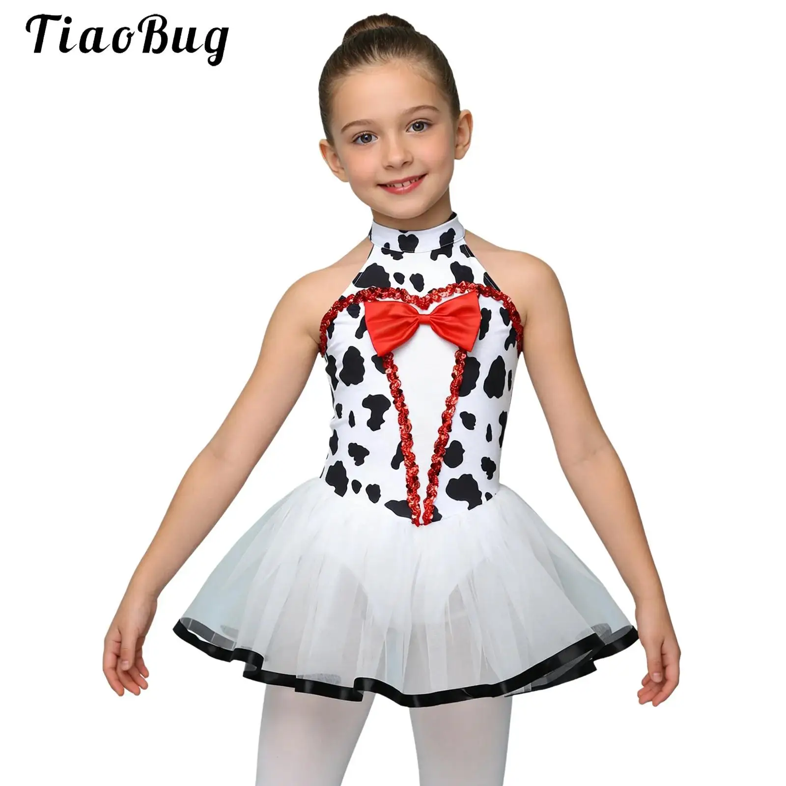

Kids Girls Dalmatian Cosplay Costume Black Spotted Tutu Dress Sleeveless Sequin Bowknot Mesh Puffy Leotard Dress Halloween Dress