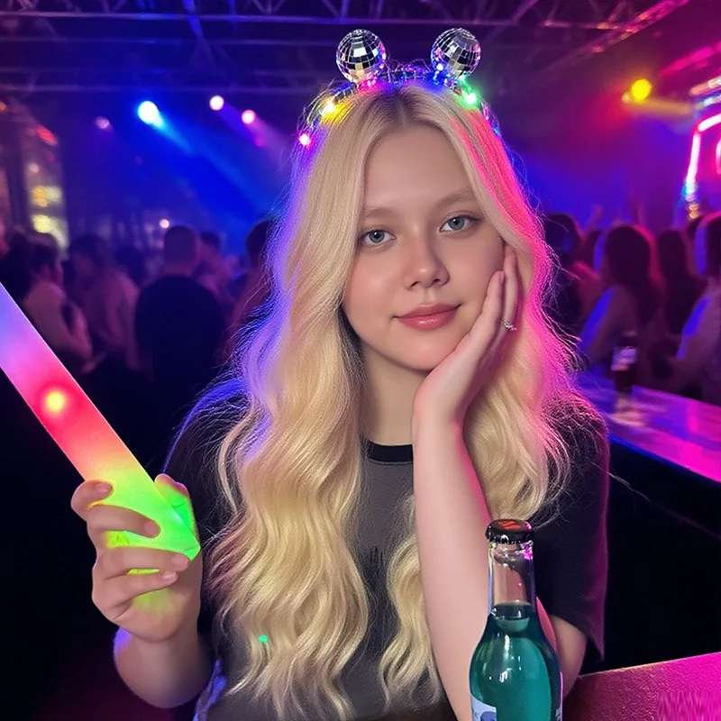 

Glow Party Headband Disco Ball Hair Accessory Silver Mirror LED Light Up Rave Festival Club Dance Costume Night Party Decor Cute