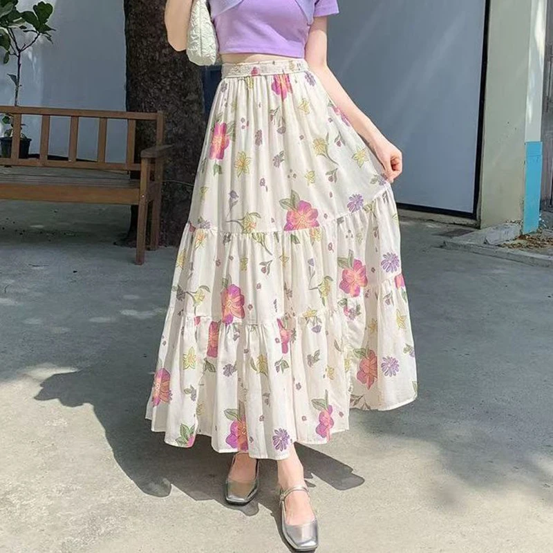 French New Floral Long Skirt Women Simple Casual A Line High Waist Slim Female Midi Skirts Elastic Spring Sum Lady Thin Bottom