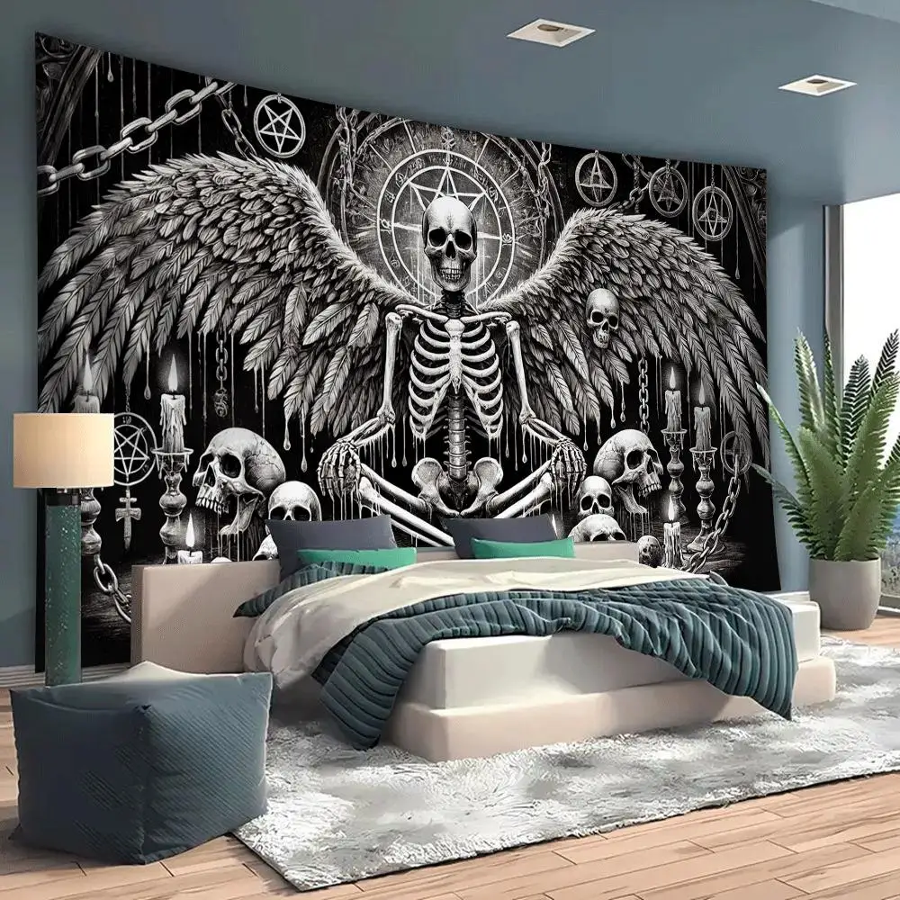 VIKAMA Dark Skull Angel Pentagram Tapestry, Black White Gothic Ritual Wall Art for Bedroom Living Room Dorm