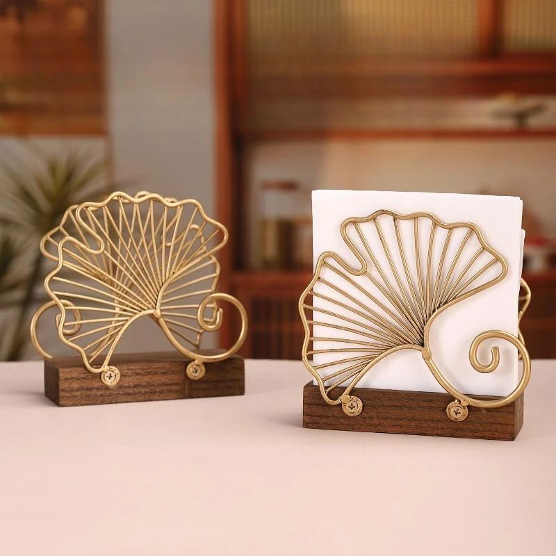 Vintage Iron Ginkgo Leaf Napkin Holder Standing Tissue Rack Wood Base for Kitchen Desktop Cafe Dining Table Decor