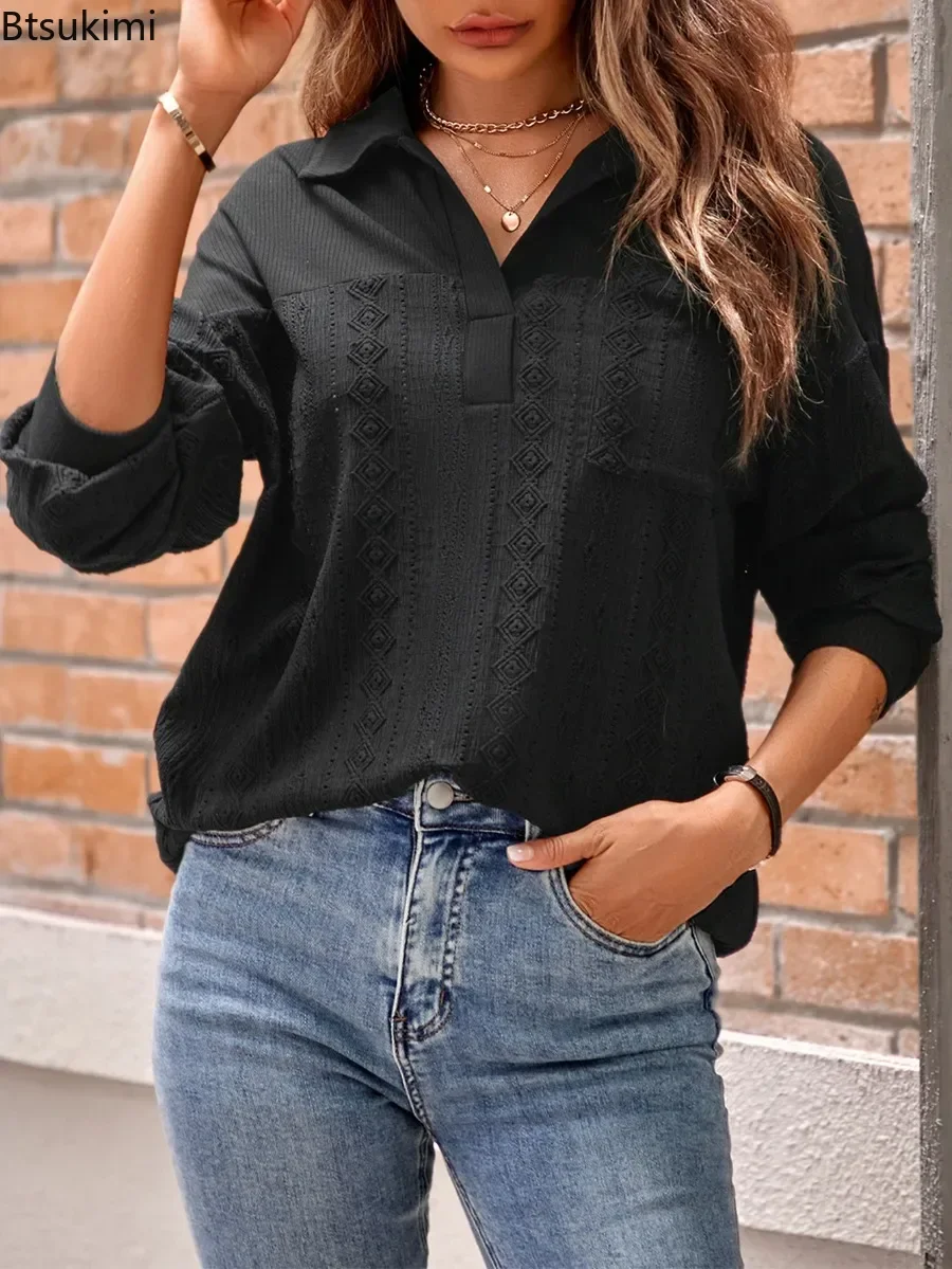 2024 Solidne luźne bluzki dla kobiet Fashion Splice Hollow Out Vintage Lapel Long-sleeved Pullover Shirt Elegant Women Tops